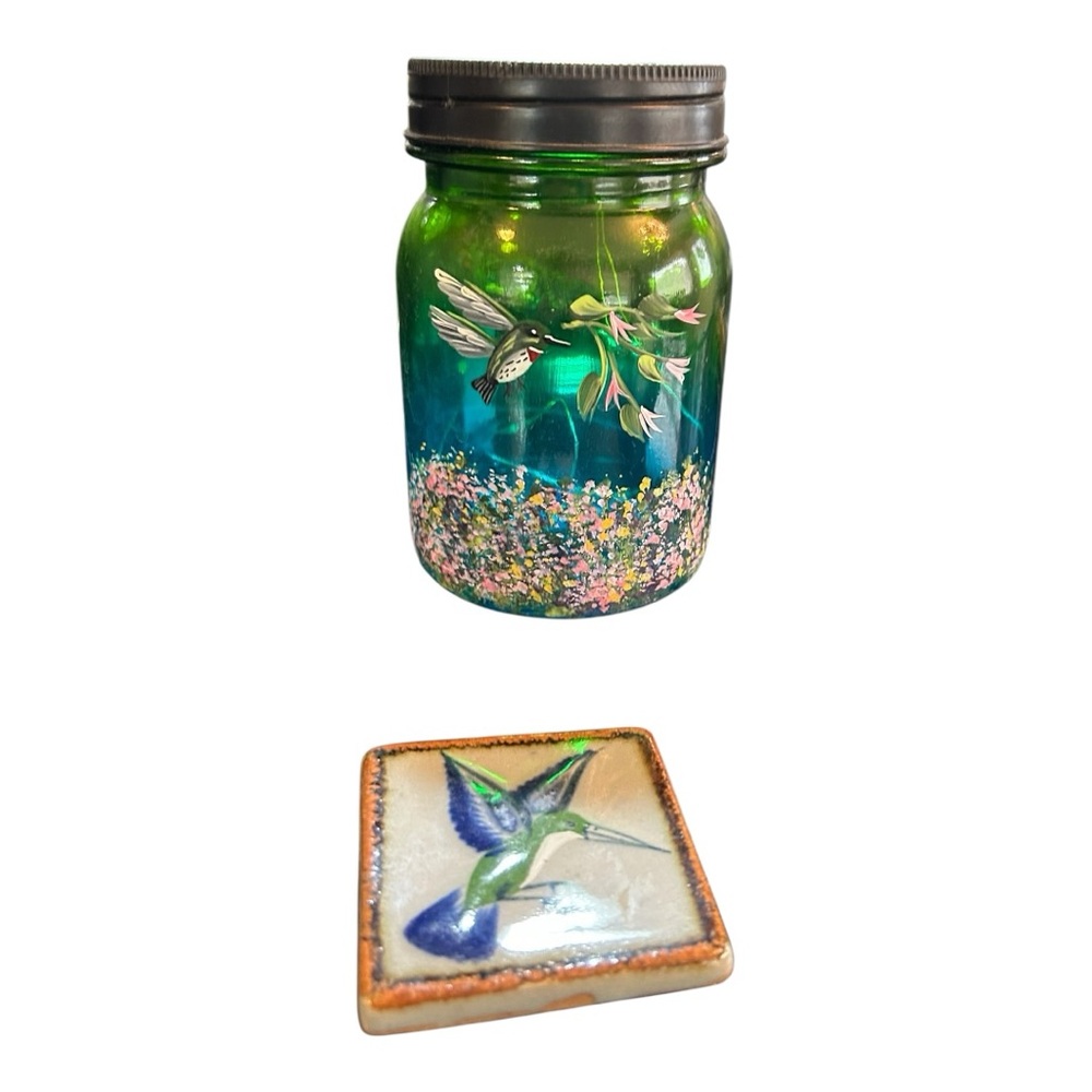 Glass Jar with Hummingbird Design and Hummingbird Tile